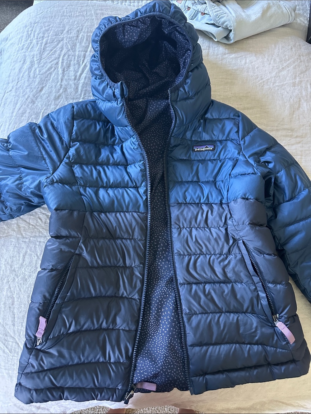 Patagonia Kids Hooded Puffer Jacket in Navy and Teal